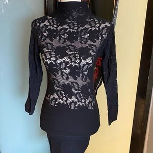 BEBE STRETCH LACE DRESS MOCK NECK LACE TOP BANDAGE SKIRT M/L